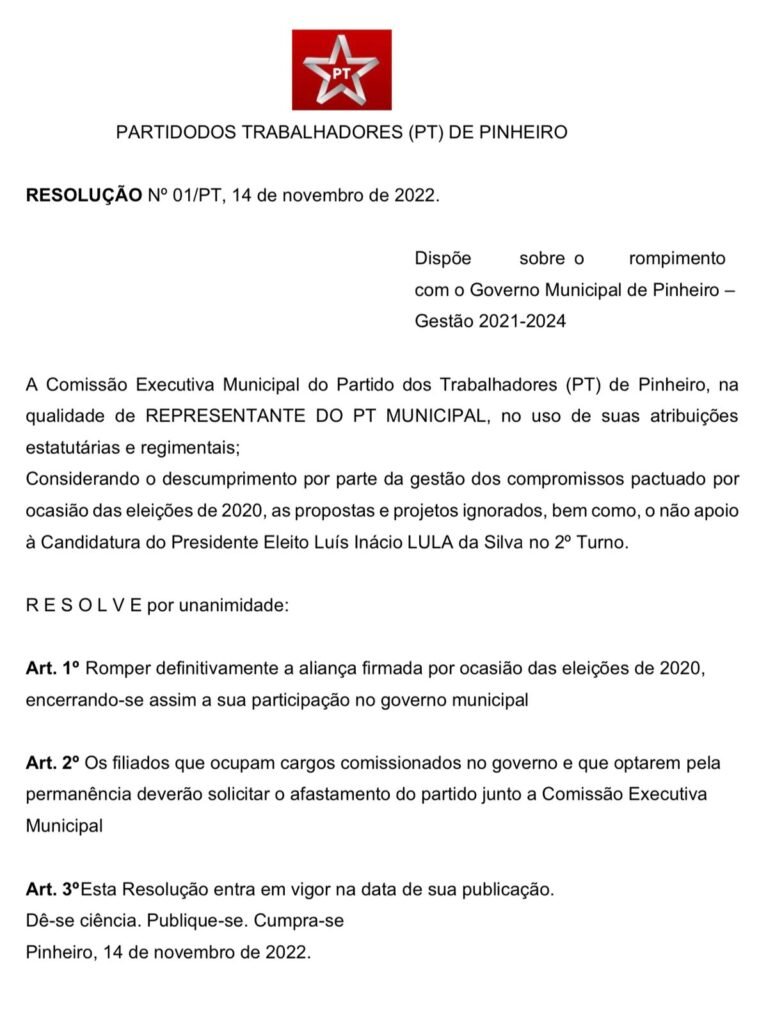 PT de Pinheiro rompe aliança o prefeito Luciano Genésio John Cutrim